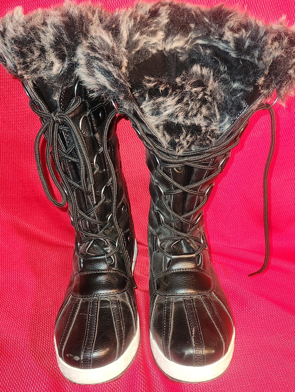 JustFab Black Faux-Fur Lace-Up Winter Boots with White Sole